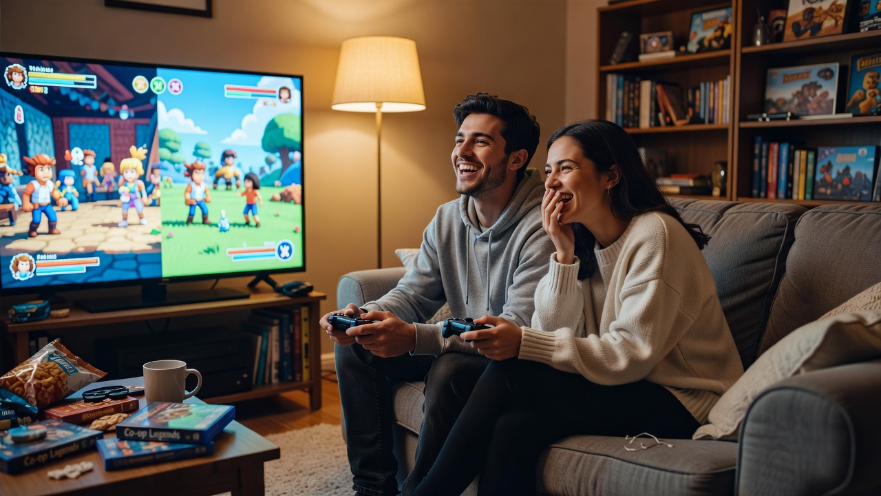 A couple relaxing and playing games together on the couch