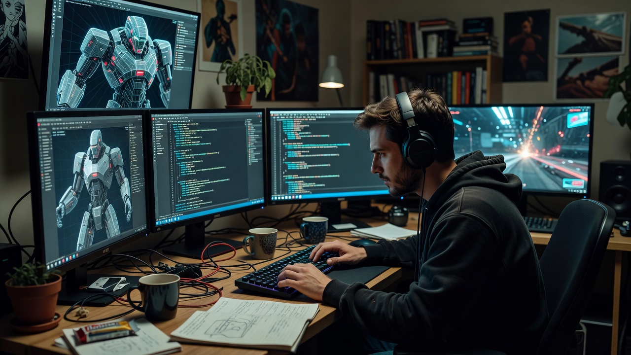 Game developer working at a multi-monitor workstation late at night