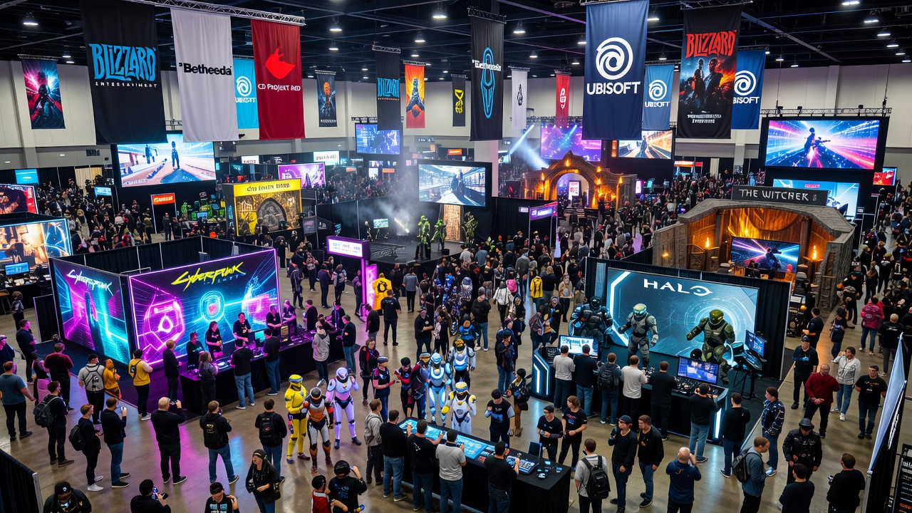 Packed gaming convention hall with booths and crowds