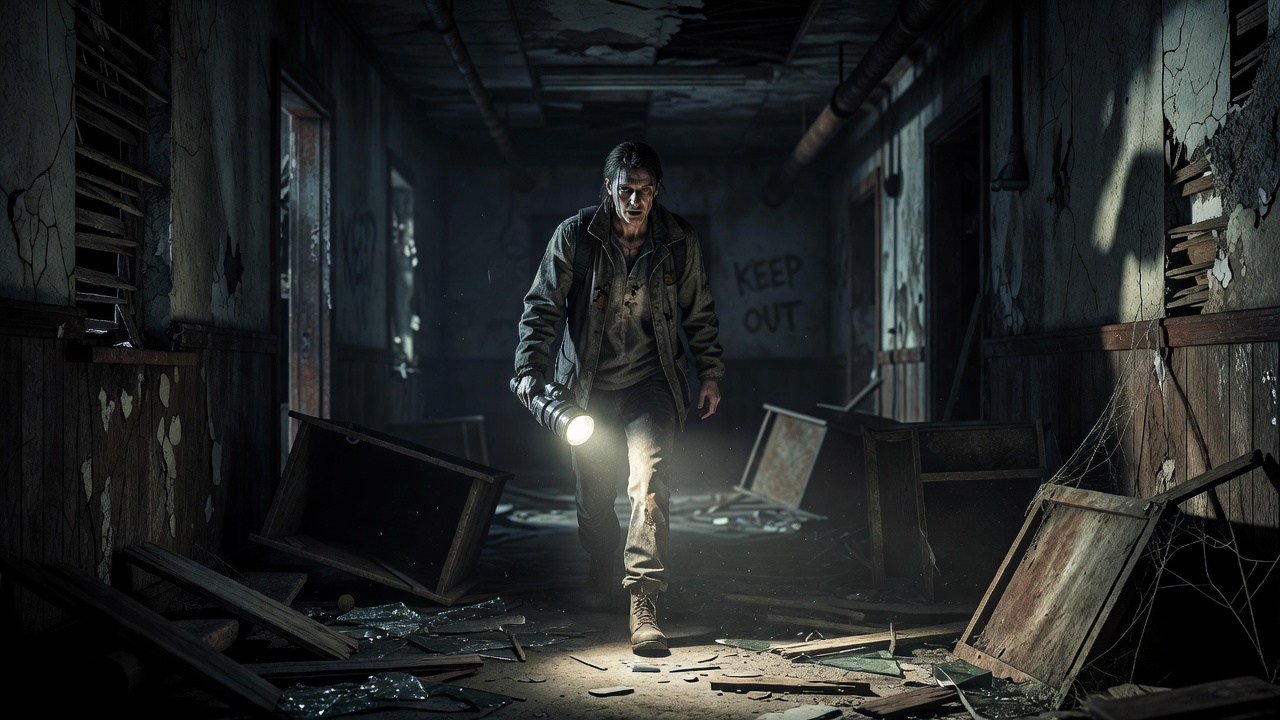 Dark, tense horror game atmosphere