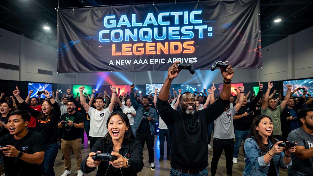 Crowd celebrating at a new game release launch event
