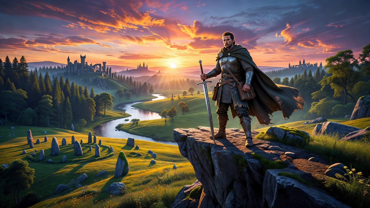 Sweeping open-world RPG landscape at sunset