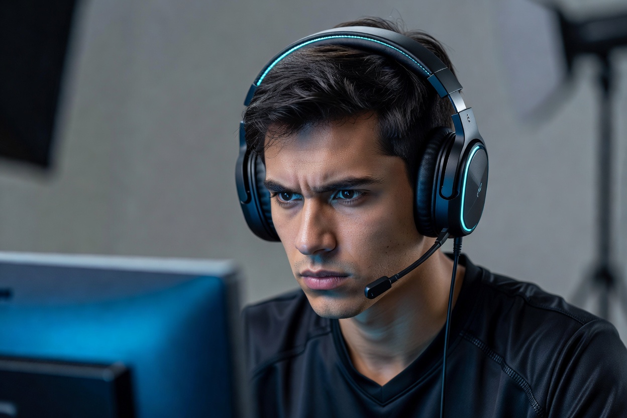 Professional gamer wearing headphones ready to connect with the Gamews community