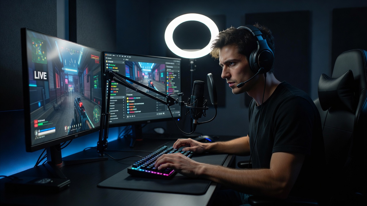 Professional live streamer recording gaming content in a studio setup