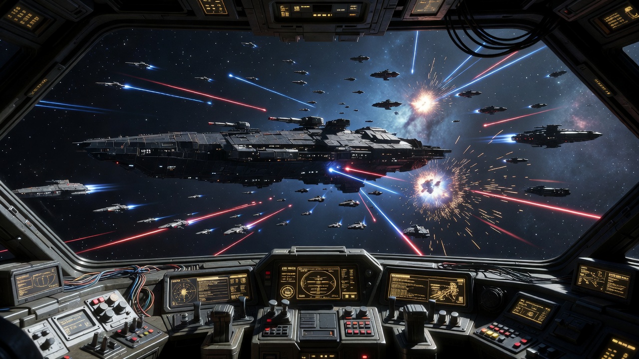 Spaceships engaged in a sci-fi battle above a planet